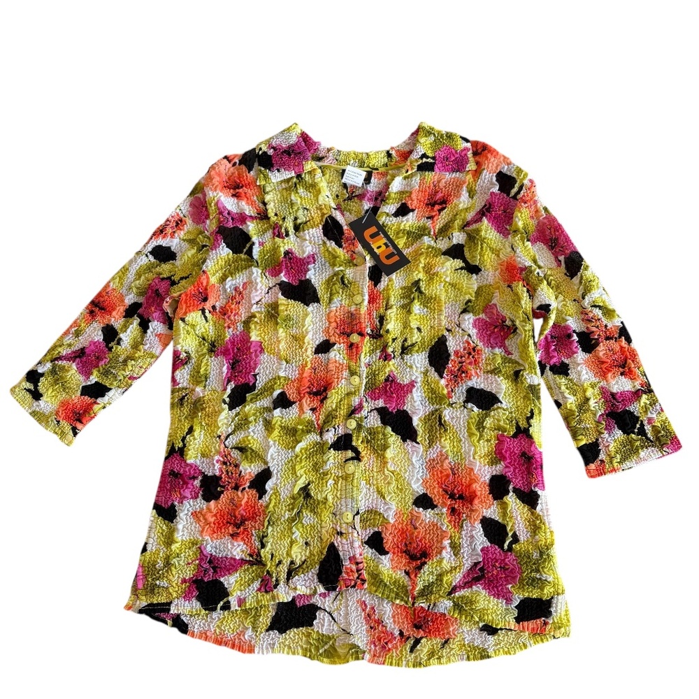 UbU Floral Crinkle Blouse NWT Women's Sz PM (Petite M)‎ Y2K Era Style Colorful